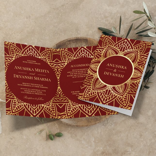 Invitation Mariage Indien Mandala Ethnique Rouge et Or (Créateur téléchargé)