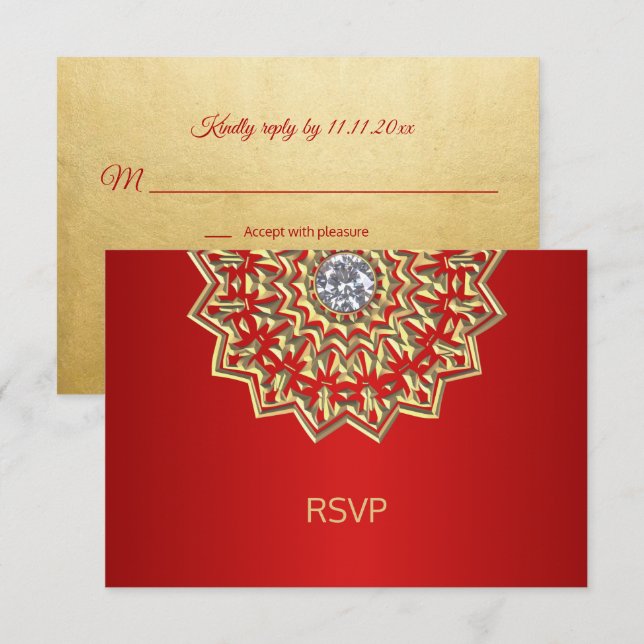 Invitation Mariage indien Mandala Rouge Or personnalisé RSVP (Devant / Derrière)