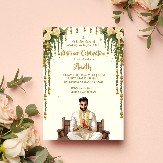 Invitation Mariage indien Matikoor Haldi marié modèle (Matikoor Haldi Indian wedding invitation for a groom editable template digital download cartoon)