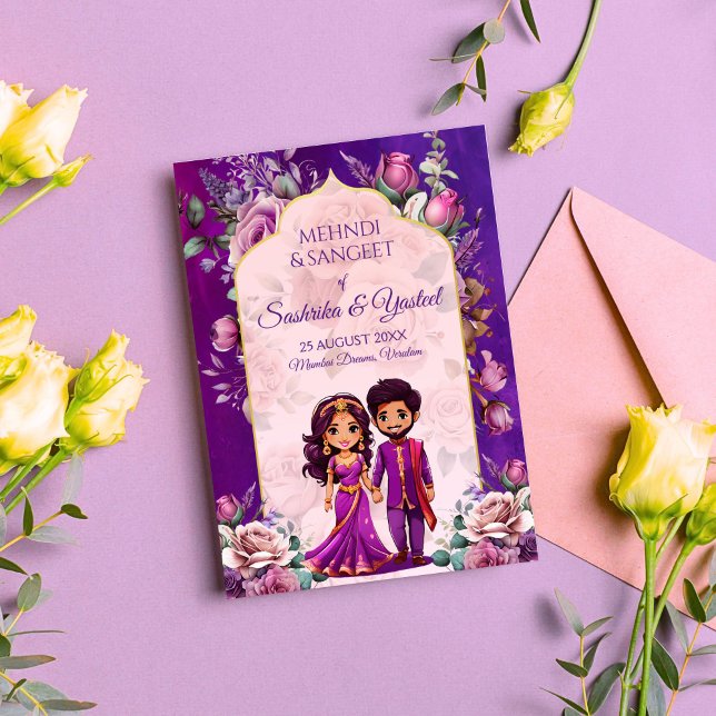 Invitation Mariage indien Mehndi violet mignon couple nuptial (Indian wedding Mehndi Sangeet purple cute bridal couple caricature Invitation template download)