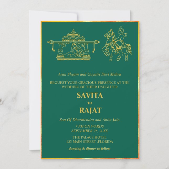Invitation Mariage indien moderne vert émeraude  (Devant)