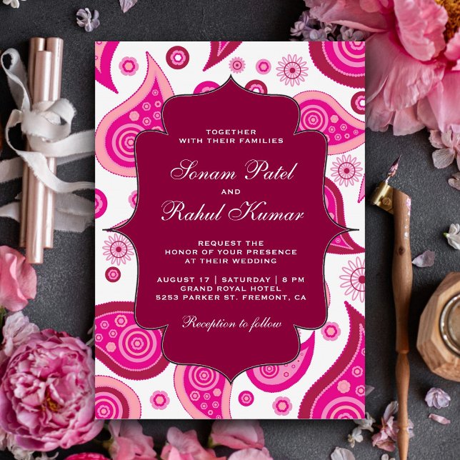 Invitation Mariage indien Motif rose chaud (Créateur téléchargé)