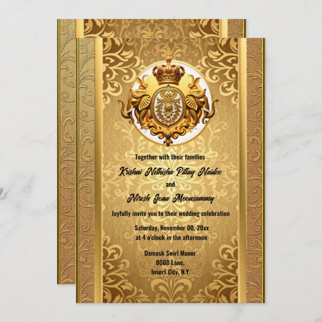 Invitation Mariage indien or noir éléphants damask élégant (Devant / Derrière)