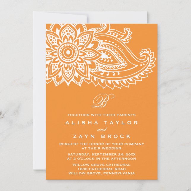 Invitation Mariage indien orange Paisley (Devant)