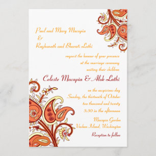 Invitation Mariage indien Paisley Floral Gold Red Orange