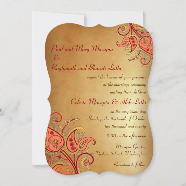 Invitation Mariage indien Paisley Floral Gold Red Orange (Devant)