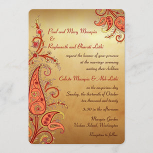 Invitation Mariage indien Paisley Floral Gold Red Orange
