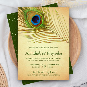Invitation Mariage Indien Plume de Paon Vert Vintage