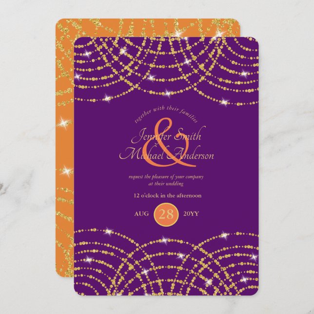 Invitation Mariage indien Purple Coral Gold Lumières (Devant / Derrière)