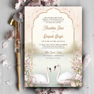 Invitation Mariage indien romantique aux cygnes floraux paste