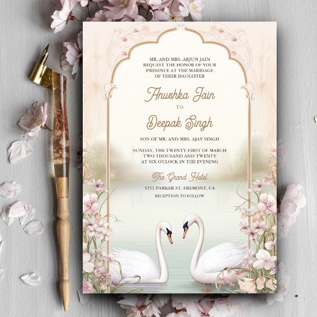 Invitation Mariage indien romantique aux cygnes floraux paste (Créateur téléchargé)
