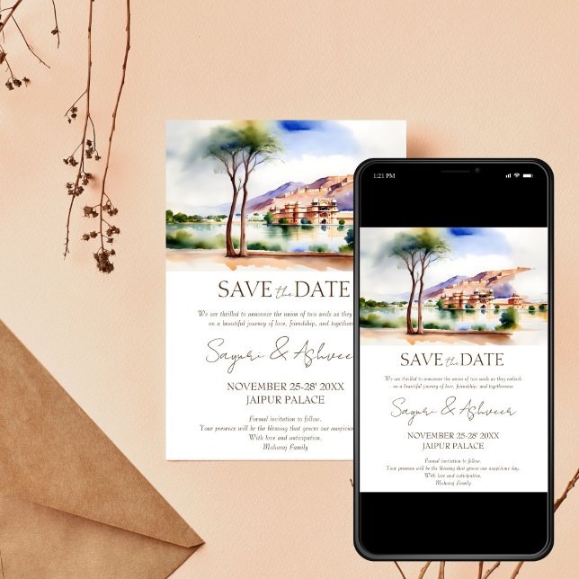 Invitation Mariage indien sauver la date Jaipur paysage de pa (Indian wedding save the date editable template invitation digital download Jaipur palace scenery)