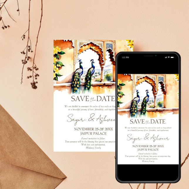 Invitation Mariage indien sauver la date paon palais Jaipur (Indian wedding Save the date Jaipur palace with peacocks editable template invitation  download)