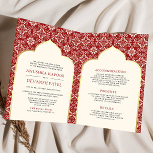 Invitation Mariage indien tout-en-un avec motif rouge ivoire