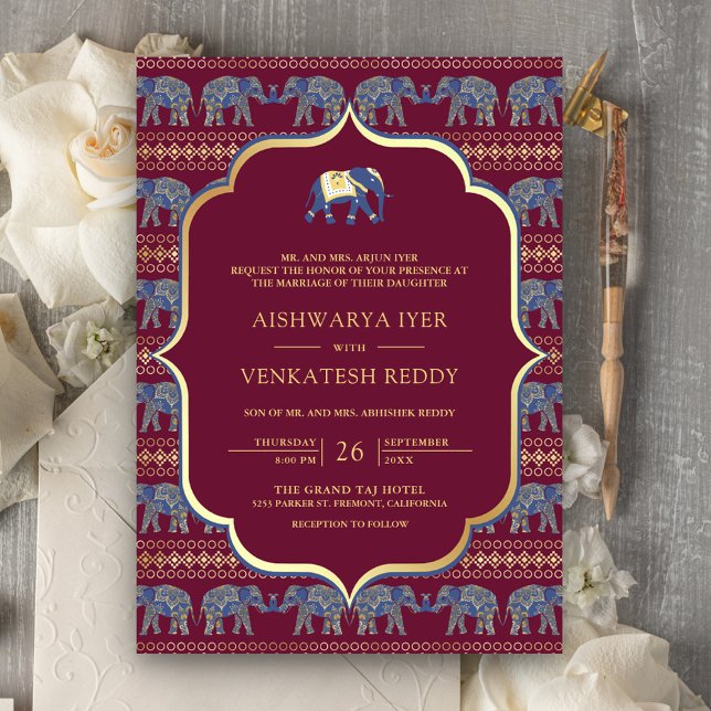 Invitation Mariage indien tout-en-un éléphant Bourgogne Navy (Créateur téléchargé)