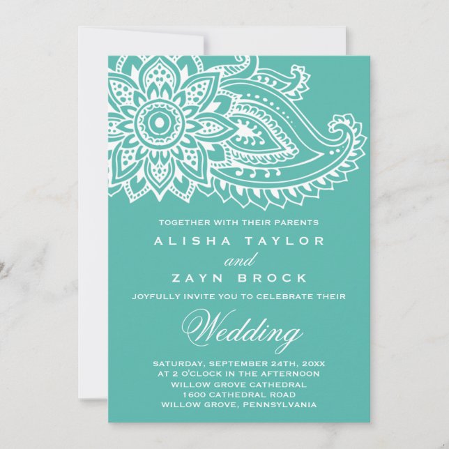 Invitation Mariage indien turquoise Paisley (Devant)