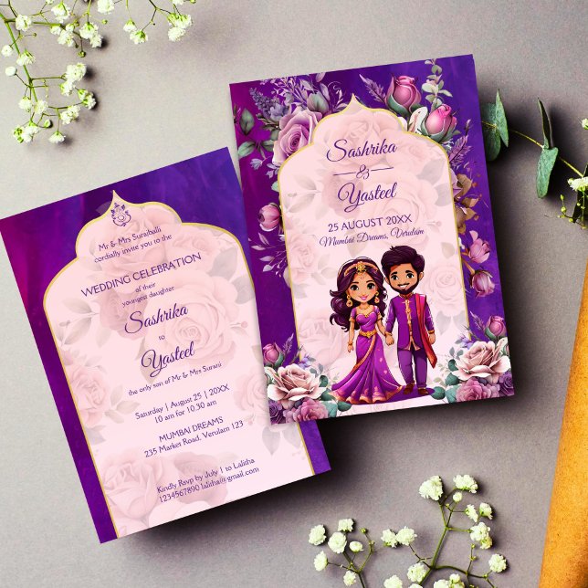 Invitation Mariage indien violet rose rose mignon couple nupt (Indian wedding purple pink cute bridal caricature couple invitation template instant download)