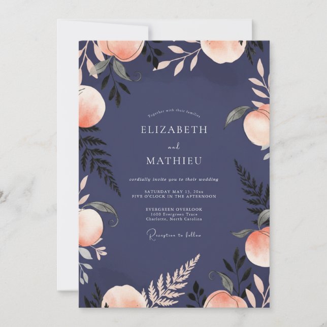 Invitation Mariage Indigo Abricot Fruit Eucalyptus (Devant)