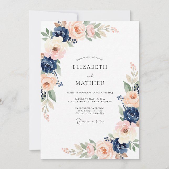 Invitation Mariage Indigo Abricot Pivoine (Devant)