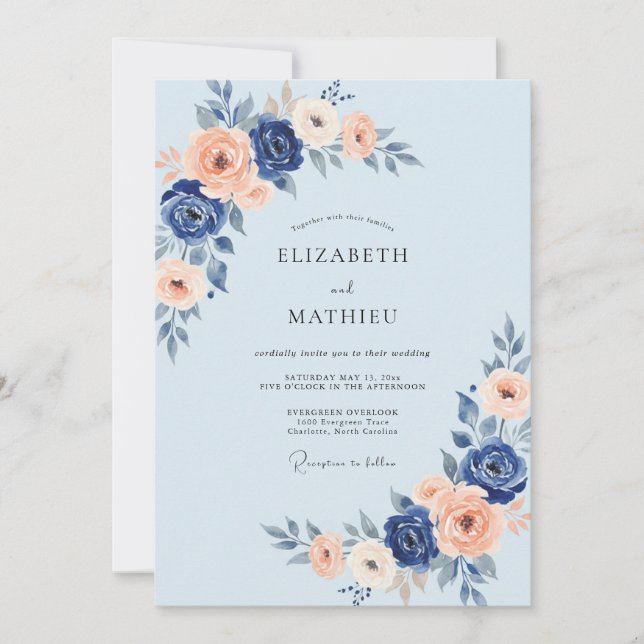 Invitation Mariage Indigo Abricot Ranunculus Eucalyptus (Devant)