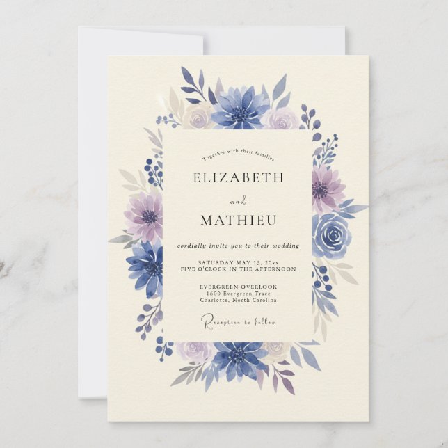 Invitation Mariage Indigo Améthyste Pivoine (Devant)