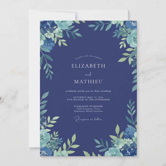 Invitation Mariage Indigo Aqua Feuillu (Devant)