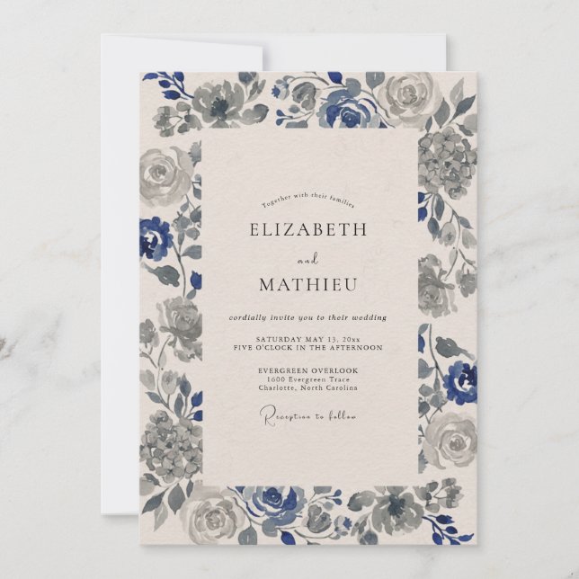 Invitation Mariage Indigo Ardoise Rose (Devant)