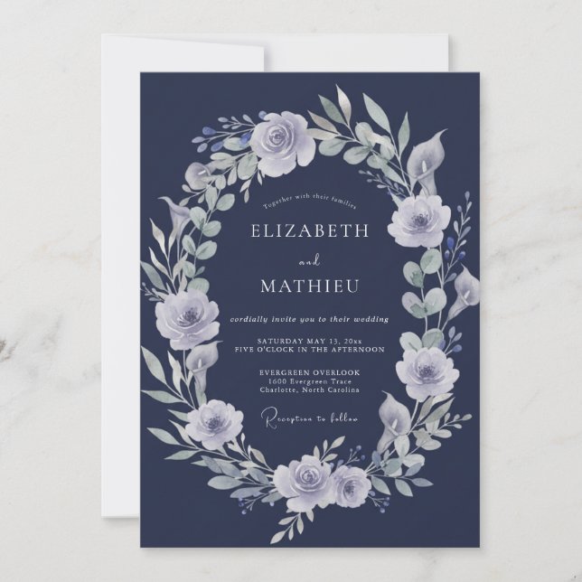 Invitation Mariage Indigo Argent Eucalyptus (Devant)