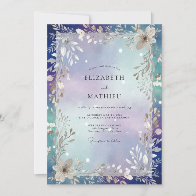 Invitation Mariage Indigo Argent Feuillage Sage (Devant)