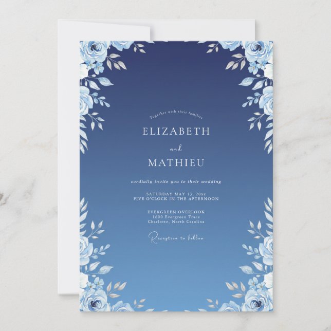 Invitation Mariage Indigo Azuré Ranunculus Eucalyptus (Devant)