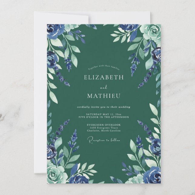 Invitation Mariage Indigo Bleuet Eucalyptus Forêt (Devant)