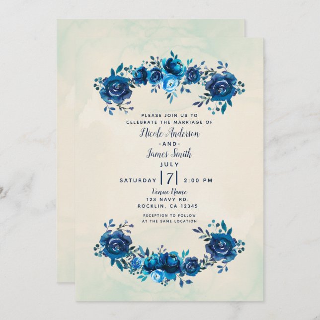 Invitation Mariage Indigo Blue & Beige Watercolor (Devant / Derrière)