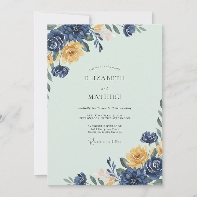 Invitation Mariage Indigo Champagne Feuille d'Or (Devant)