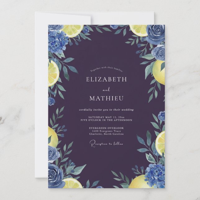 Invitation Mariage Indigo Citron Eucalyptus (Devant)