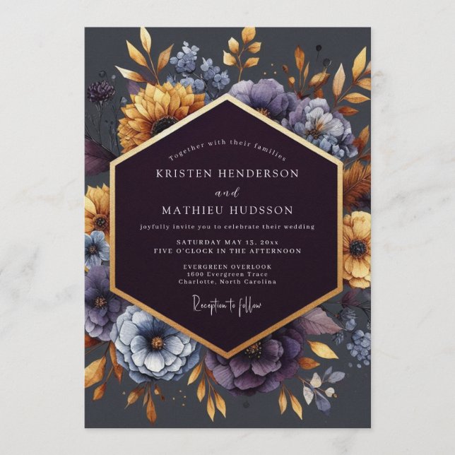 Invitation Mariage Indigo Doré Fleurissant (Devant)