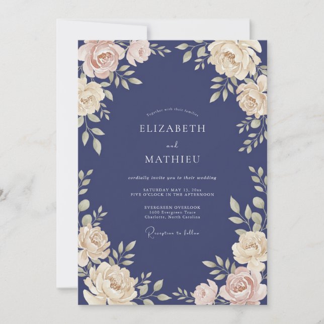 Invitation Mariage Indigo et Pétale d'Ivoire (Devant)