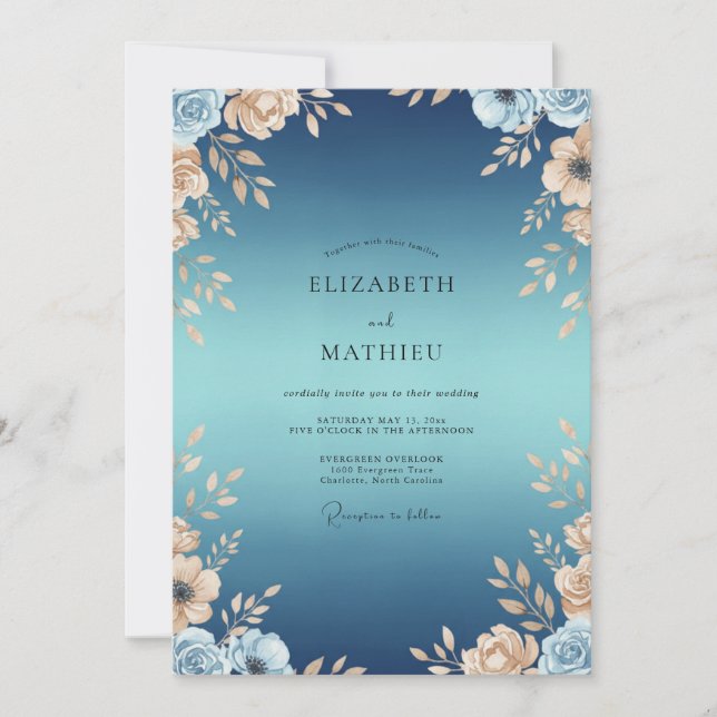 Invitation Mariage Indigo Feuilles Dorées (Devant)