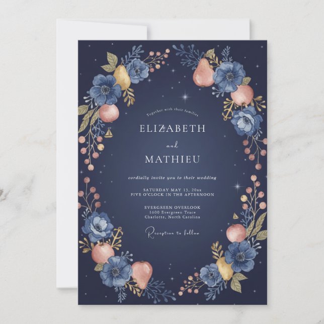 Invitation Mariage Indigo Fruit Eucalyptus de Minuit (Devant)