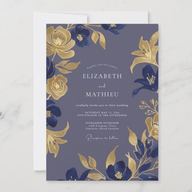 Invitation Mariage Indigo Gold Lily (Devant)