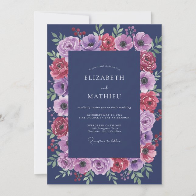Invitation Mariage Indigo Lavande Anémone (Devant)