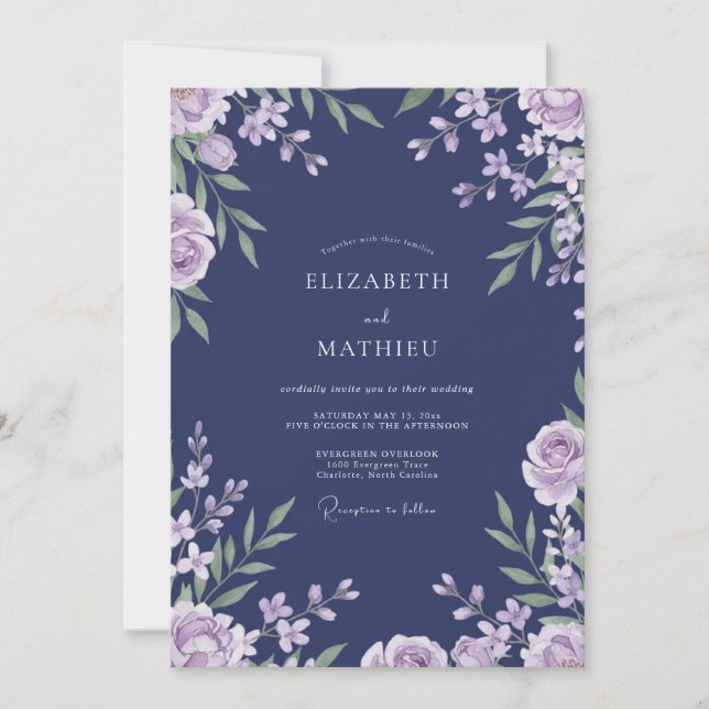 Invitation Mariage Indigo Lilas Feuillage Sauge (Devant)