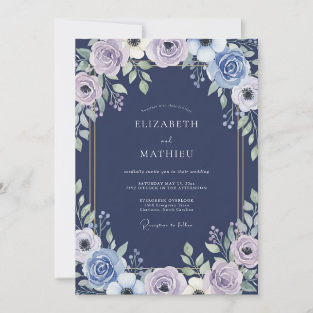 Invitation Mariage Indigo Lilas Ranunculus Sauge (Devant)