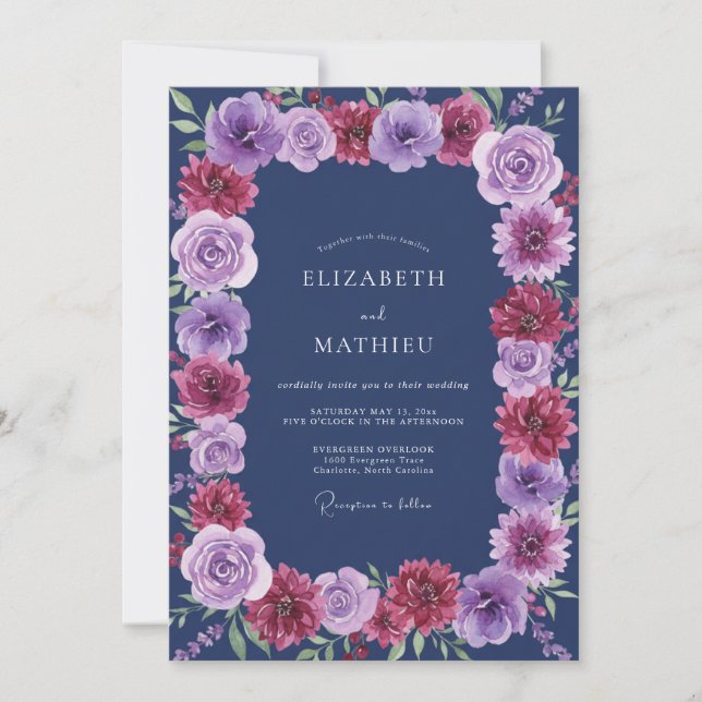 Invitation Mariage Indigo Magenta Ranunculus Eucalyptus (Devant)