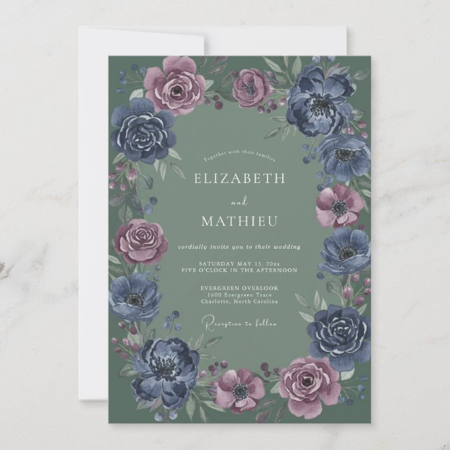 Invitation Mariage Indigo Mauve Pétales de Slate (Devant)