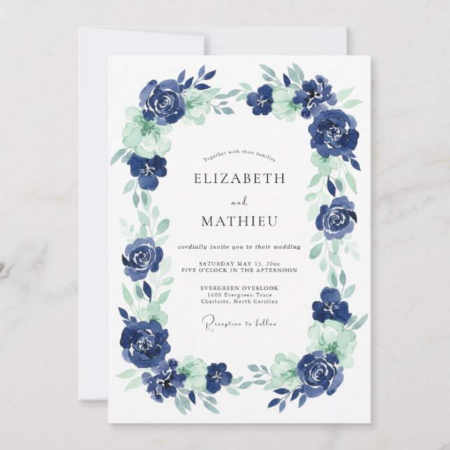 Invitation Mariage Indigo Menthe Pivoine (Devant)