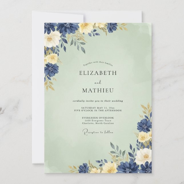 Invitation Mariage Indigo Menthe Ranunculus Eucalyptus (Devant)