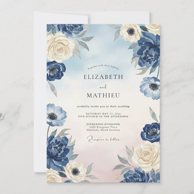 Invitation Mariage Indigo Pâle Pétales d'Ivoire (Devant)