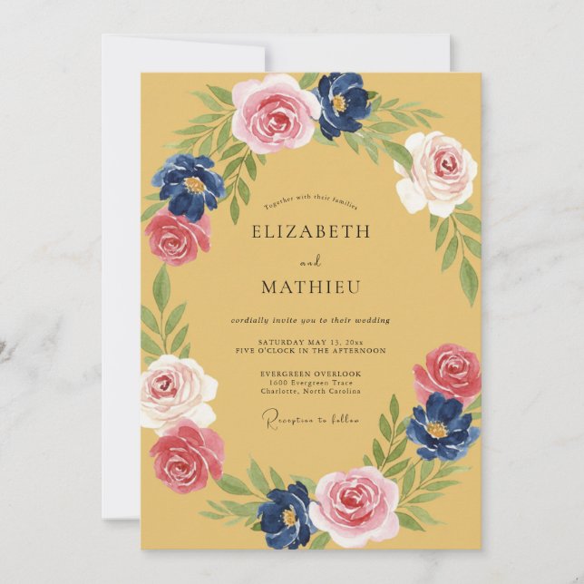 Invitation Mariage Indigo Pétale Rose Moutarde (Devant)