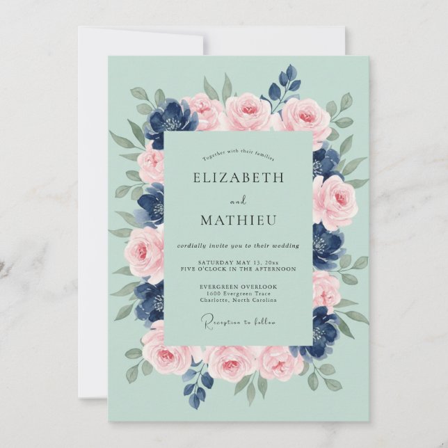 Invitation Mariage Indigo Pétales de Mousse de Mer (Devant)