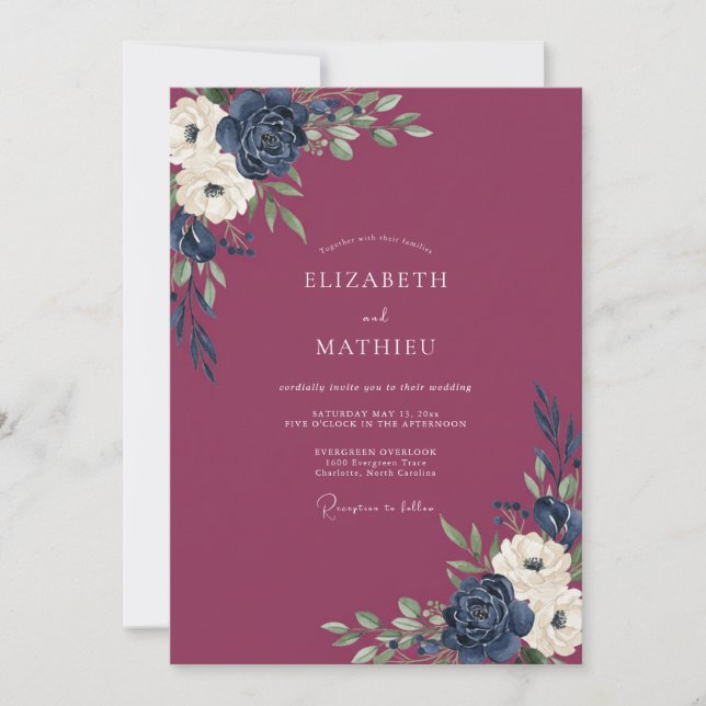 Invitation Mariage Indigo Pétales de Prune de Jardin (Devant)